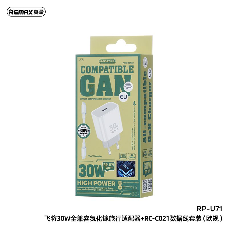 REMAX RP-U71 30W PD ADATTATORE DI RICARICA RAPIDA + TYPE-C SET DI CAVI DATI BIANCO