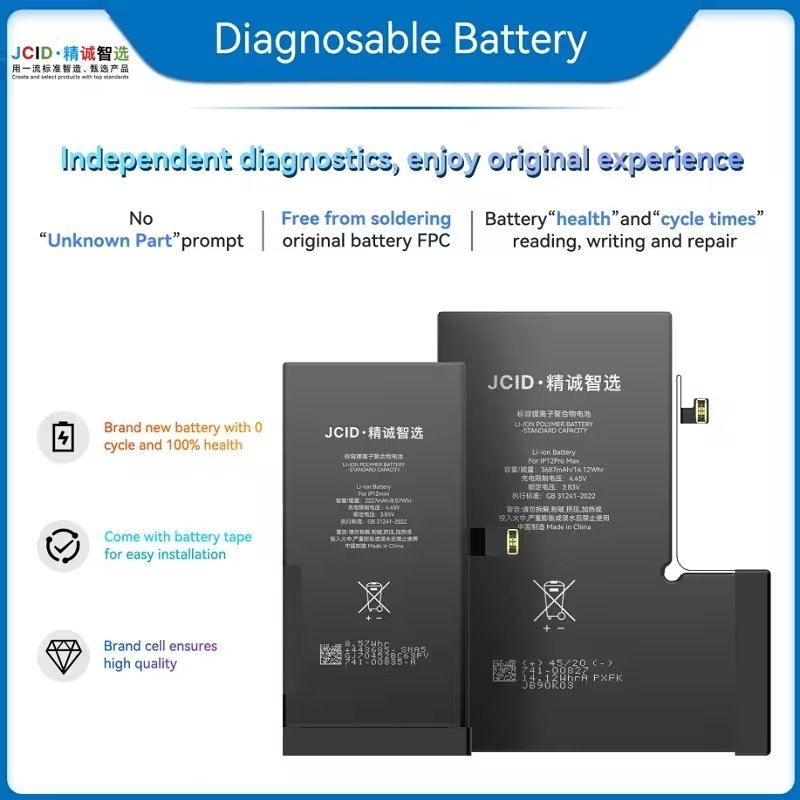 JCID BATTERIA DE GRANDE CAPACITA (3330 MAH) PER APPLE IPHONE 13 PRO 6.1 (DIAGNOSTICABILE BATTERIA NON È NECESSARIA LA SALDATURA CAVO BATTERIA ORIGINALE NESSUN MESSAGGIO "PARTE SCONOSCIUTA") (RICHIEDE AGGIORNAMENTO ALL'ULTIMA VERSIONE)