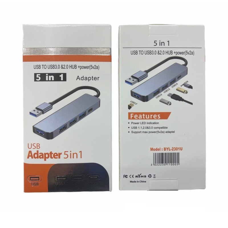 5 IN 1 HUB ADATTATORE ALLUMINIO MODEL BYL-2301U USB TO (3 USB 2.0 / USB 3.0 / POWER (5v2a) (CON IMBALLAGGIO)