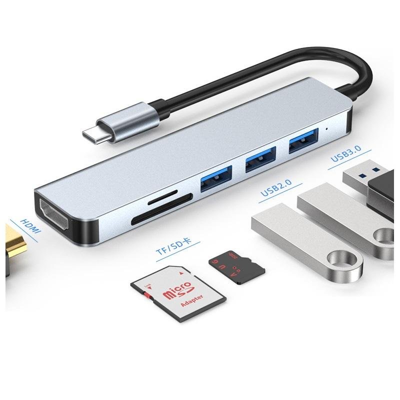 6 IN 1 HUB ADATTATORE ALLUMINIO MODEL BYL-2010N3 TYPE-C TO (USB 3.0 / 2 USB 2.0 / SD / FT / HDMI 4K) (CON IMBALLAGGIO)