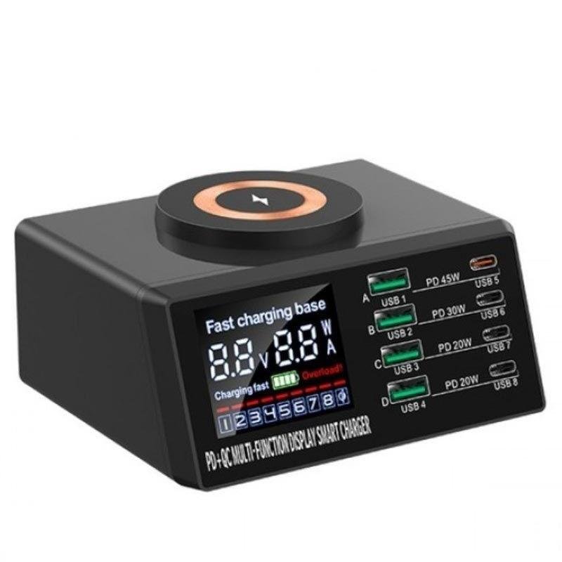 WLX-X9M 9 IN 1 RICARICA WIRELESS/CARICABATTERIE MULTIPORTA CON LCD (4 USB / 2 PD 20W / PD 30W / PD 45W) NERO