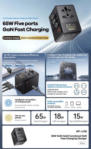 REMAX RP-U191 EUROPE / CHINA / UK CARICABATTERIE MULTIFUNZIONALE A RICARICA RAPIDA NERO 1A+4C（USB-A*1 18W / TYPE-C*1 65W TYPE-C*3 15W)&nbsp; SUPPORTO PER LAPTOP / TELEFONO CELLULARE / TABLET