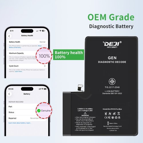 (Prenotazione) DEJI BATTERIA DE GRANDE CAPACITA (4770 mAh) PER APPLE IPHONE 15 PRO MAX 6.7 (BATTERIA DECODIFICABILE GENUINA AUTODIAGNOSTICABILE) (RICHIEDE AGGIORNAMENTO ALL'ULTIMA VERSIONE) (QUANTITà MINIMA ORDINABILE: 10 PEZZI)