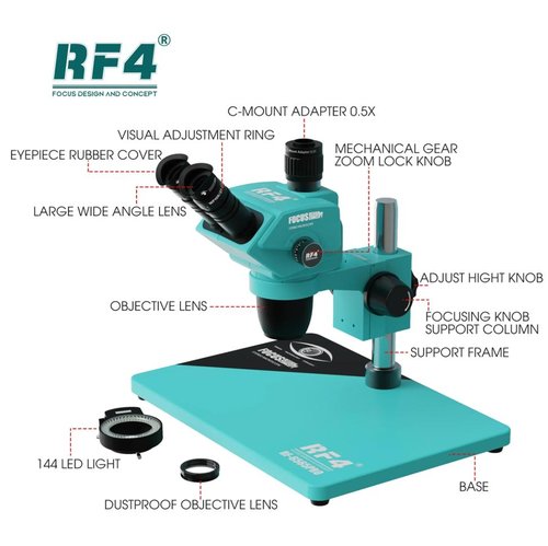 RF4 6565PRO MICROSCOPIO 6.5X-65X TRINOCULAR PERRIPARAZIONE MOBILE + LUCE LED DI MICROSCOPIO