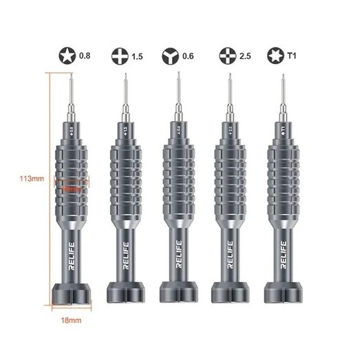 RELIFE RL-730A SET DI CACCIAVITI IN ACCIAIO CANNON KING SERIE CLASSIC (0.8MM PENTALOBO / 1.5MM PHILLIPS / 0.6MM TRI POINT / 2.5MM PINHEAD / T1 TORX PHILLIPS CACCIAVITE)