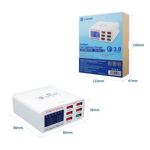 SUNSHINE SS-304Q CARICABATTERIE VELOCE INTELLIGENTE USB A 6 PORTE