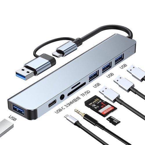 8 IN 1 HUB ADATTATORE ALLUMINIO MODEL BYL-2218TU USB 3.0 / USB-C TO (3 USB 2.0 / USB 3.0 / TF / SD / 3.5mm AUDIO / USB-C) (CON IMBALLAGGIO)
