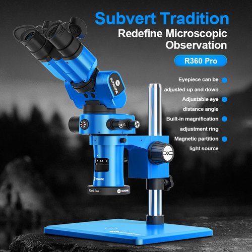 SUNSHINE R360 PRO ROTAZIONE MULTIANGOLARE MICROSCOPIO TRINOCULARE L'OCULARE PUÒ ESSERE REGOLATO VERSO L'ALTO VERSO IL BASSO / REGOLAZIONE DELLA DISTANZA INTERPUPILLARE DI 180°/ ANELLO DI AMPLIFICAZIONE INCORPORATO BLU