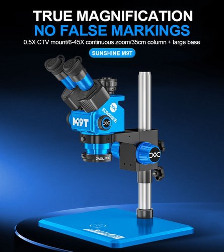 SUNSHINE M9T-B11 MICROSCOPIO TRINOCULARE 6X-45X TRINOCULAR PERRIPARAZIONE MOBILE + LUCE LED AD ANELLO REGOLABILE ARGENTO