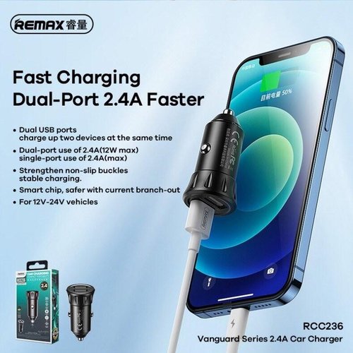 REMAX RCC236 ADATTATORE PER AUTO CHARGE MAX 5V 2.4A DUAL USB NERO