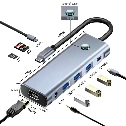 9 IN 1 HUB ADATTATORE ALLUMINIO SCHERMO SPENTO CON UN CLIC MODEL BYL-2410 USB-C TO (2 USB 2.0 / USB 3.0 / PD100W / HDMI 4K60HZ / 0.35mm AUDIO / TF / SD / USB-C) (CON IMBALLAGGIO)