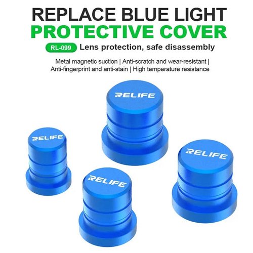 RELIFE RL-099 COPERTURA PROTETTIVA MAGNETICA LUCE BLU PROTEZIONE PER LENTI ANTI-IMPRONTA E ANTI-OLIO PER LA RIPARAZIONE DI VARI MODELLI DI FOTOCAMERE (SET DI 4 MISURE 13 / 12 / 11 / 9 MM)
