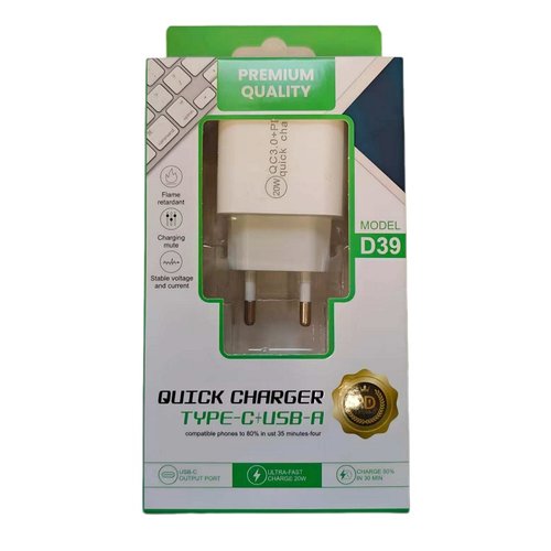 20W ADATTATORE DI RICARICA RAPIDA EU TYPE-C + USB-A BIANCO (MODEL D39)