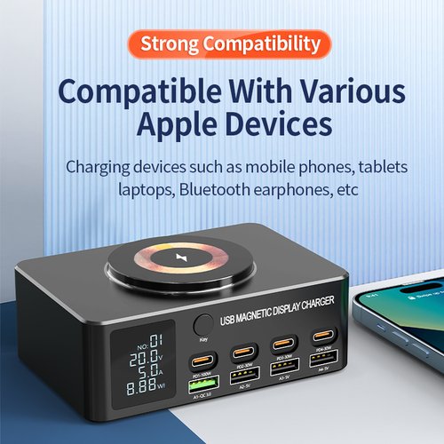 WLX-818D+ 9 IN 1 RICARICA WIRELESS/CARICABATTERIE MULTIPORTA CON LCD (4 USB / 3 PD 30W / PD 100W) NERO