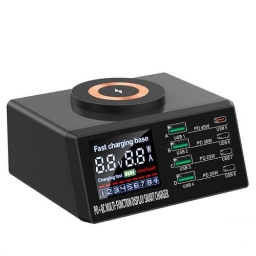 WLX-X9M 9 IN 1 RICARICA WIRELESS/CARICABATTERIE MULTIPORTA CON LCD (4 USB / 2 PD 20W / PD 30W / PD 45W) NERO